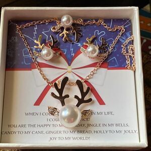 Reindeer Pearl Necklace and Earrings Set-Christmas Jewelry Gift Set Gold Tone